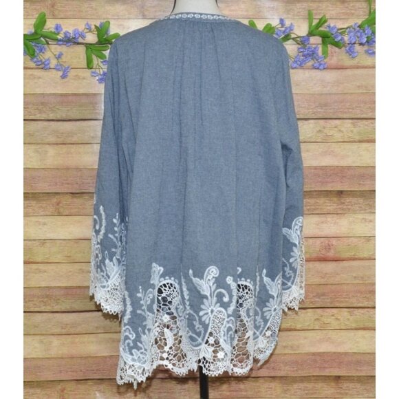 Roaman's Chambray Boho Long Bell Sleeve Pullover Lace Trim Tunic Blouse Size 22W - Picture 8 of 12